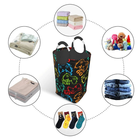 Colorful Silhouettes Laundry Basket With Handles, 50L large hamper with joystick design and various stored items like towels and toys.