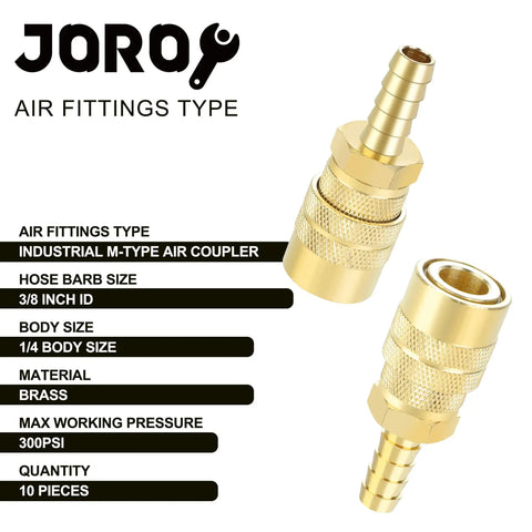 Brass Air Coupler Set With 1/4 Inch Body And 3/8 Inch Hose Barb M Type Quick Connect Fittings For Air Compressors 10 Piece