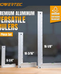 Three-piece set of premium aluminum rulers with measurements of 6-1/4, 10-3/16, and 16-1/8 inches, corrosion resistant