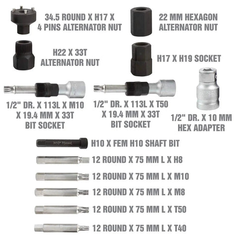 13 Piece Alternator Pulley Tool Set For Easy Decoupler Removal And Install Automotive Pulley Puller Kit components layout
