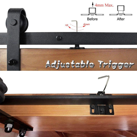 Two Pack Soft Close Barn Door Hardware Kit With Spring Buffer Damper Hole Free Design showing adjustable trigger
