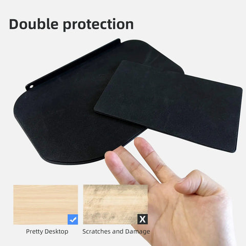 Kingpin Steel Reinforcement Plate for Glass Desk Adds Savage Stability, featuring two black protective pads for desktops.