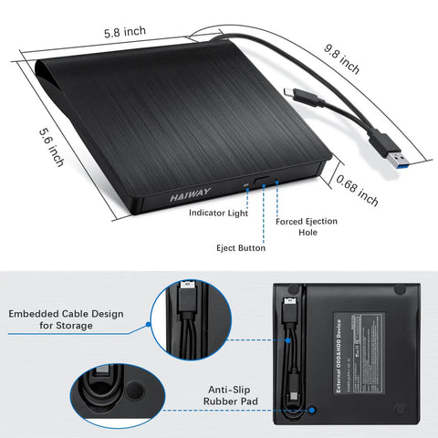External USB 3.0 Type-C CD DVD Drive for PC and Mac Black Portable Burner with Fast Read and Write Speeds Backward Compatible with USB 1.0 to 2.0 Plug and Play Slim Durable Multisystem Compatibility, 5.8 inch
