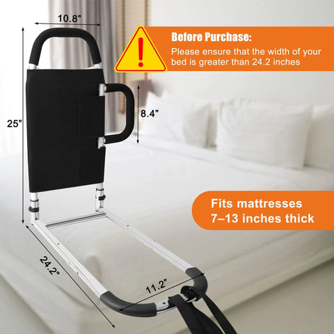 Bed Rails For Seniors With Two Grab Bars And Storage Pocket Safe In Bed Exit, dimensions shown, fits thick mattresses.