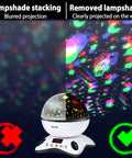 Awesome Kids Night Light Projector with Remote showing blurring and clear projection of stars and rockets with lampshade usage.
