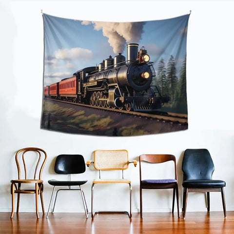 Steam Locomotive Train Wall Tapestry Art Print For Living Room Decor 60 By 51 Inches Premium Polyester Fabric Oil Painting Style