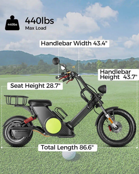 Heavy Duty Hill Crushing Electric Golf Cart For Adults With 2000W Brushless Motor And 60V Battery Extended Range side view with dimensions