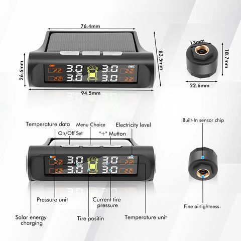 Real Time Tire Pressure Monitoring System With Solar Charging, 4 TPMS Sensors Pack, High Precision Readouts To 0.5 PSI, Updates Every 3 Seconds While Driving, Easy Install, Boost Safety And Driver Peace of Mind. Solar TPMS display with sensor dimensions