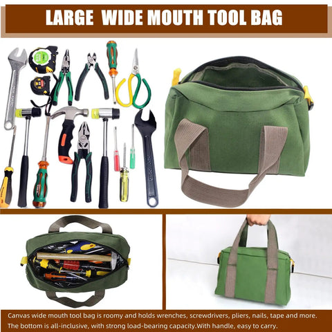 Wide Mouth Canvas Tool Bag With Heavy Duty Build And Large Capacity Organizer For Wrenches And Pliers, Durable Green Tote For Tools, 20 Inch Multi Function Storage Bag For Home Garage Job Site with open and closed views