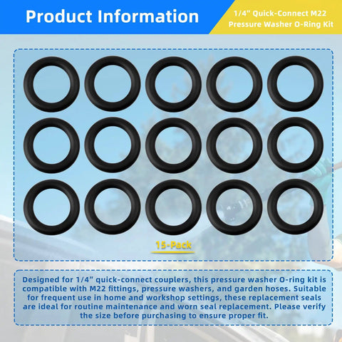 Heavy Duty Pressure Washer O Rings Kit for 1/4 Quick Couplers and M22 Fittings 3/8 Inch ID Replacement Seals Pro Grade 15 Pack