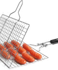 Folding Stainless Steel Fish Grill Basket For Outdoor BBQ with sausages inside, shown with a removable handle.