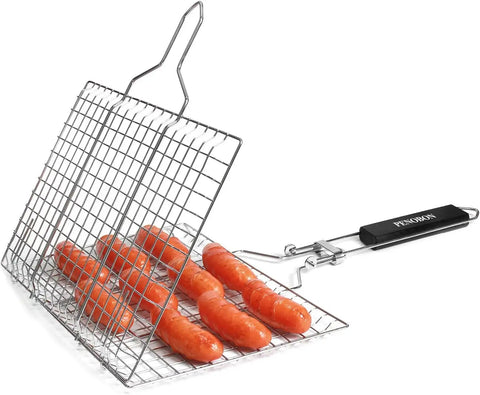 Folding Stainless Steel Fish Grill Basket For Outdoor BBQ with sausages inside, shown with a removable handle.