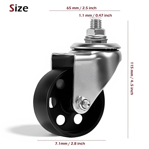 Beefy Cast Iron Transmission Jack Wheels Set Four Pack, 2.8 Inch Caster Wheels With Stem Mount, side view with dimensions