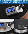 Digital Turntable Stylus Force Scale Gauge With Blue LCD Backlight Pro Grade Stylus Pressure Meter For MM MC MI Cartridges 0.01 g Accuracy Tare Function Five Modes Helps Dial In Tonearm Pressure And Protect Vinyl. Compact plastic gauge on turntable, blue LCD reading 5.00g