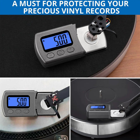 Digital Turntable Stylus Force Scale Gauge With Blue LCD Backlight Pro Grade Stylus Pressure Meter For MM MC MI Cartridges 0.01 g Accuracy Tare Function Five Modes Helps Dial In Tonearm Pressure And Protect Vinyl. Compact plastic gauge on turntable, blue LCD reading 5.00g