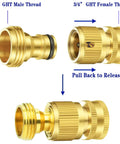 4 Pack Garden Hose Quick Connectors Three Quarters Inch GHT Thread Brass Fittings No Leak Water Hose Adapters Set With Solid Brass Male and Female Quick Connectors for Fast Leak Free Hose Connections, shown in disassembled view with 3/4 inch male and female threads.