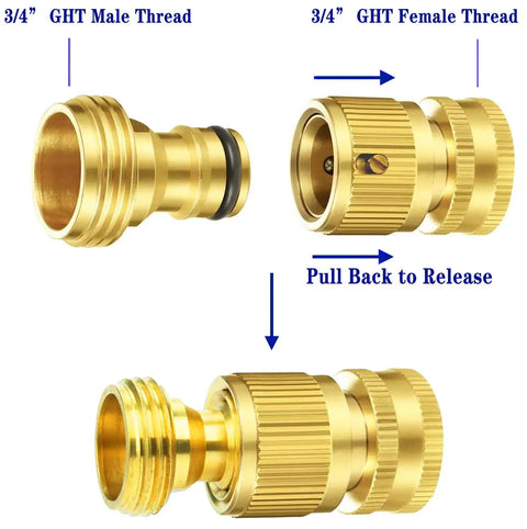 4 Pack Garden Hose Quick Connectors Three Quarters Inch GHT Thread Brass Fittings No Leak Water Hose Adapters Set With Solid Brass Male and Female Quick Connectors for Fast Leak Free Hose Connections, shown in disassembled view with 3/4 inch male and female threads.