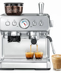 Heavy Duty Dual Boiler Espresso Machine With Built In Grinder And 20 Bar Pressure For Ridiculously Smooth Shots Featuring Pid Temp Control and dedicated milk frother, showcasing two espresso shots being brewed.