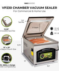Front view of Vacmaster VP230 chamber vacuum sealer, stainless steel kitchen appliance with removable seal bar.