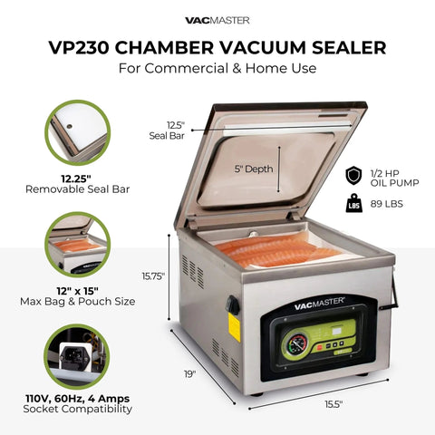 Front view of Vacmaster VP230 chamber vacuum sealer, stainless steel kitchen appliance with removable seal bar.