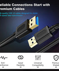USB 3.0 A To A Cable 3 Feet Gold Plated Connectors For External Hard Drive Enclosures DVD Players And Laptop Coolers Not For Direct Computer To Computer Data Transfer Or Charging, black cable close-up