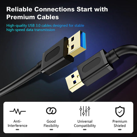 USB 3.0 A To A Cable 3 Feet Gold Plated Connectors For External Hard Drive Enclosures DVD Players And Laptop Coolers Not For Direct Computer To Computer Data Transfer Or Charging, black cable close-up