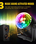 2 Pack Disco Ball Party Lights Sound Activated With Remote, 12 Modes Strobe DJ Lights shown with rainbow pattern next to speaker
