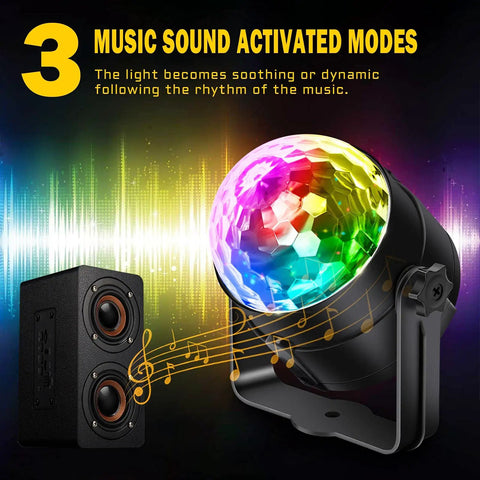 2 Pack Disco Ball Party Lights Sound Activated With Remote, 12 Modes Strobe DJ Lights shown with rainbow pattern next to speaker
