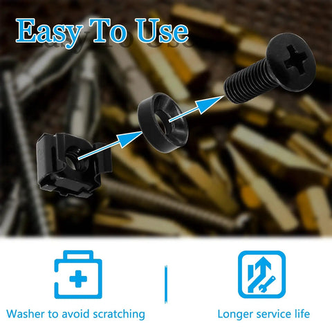 M5x16mm Rack Screws And Cage Nuts With Fender Washers Black Metric Server Mounting Hardware Kit components showcasing washer and fastener.