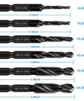 Six-piece HSS drill/tap bit set; SAE sizes 6-32, 8-32, 10-32, 10-24, 12-24, 1/4-20 with 1/4-in hex shanks and storage case.