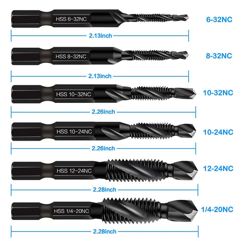 Six-piece HSS drill/tap bit set; SAE sizes 6-32, 8-32, 10-32, 10-24, 12-24, 1/4-20 with 1/4-in hex shanks and storage case.