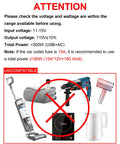 Warning sign for 300W portable car power inverter with incompatible devices like kettles, drills, and vacuums.