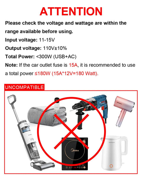 Warning sign for 300W portable car power inverter with incompatible devices like kettles, drills, and vacuums.