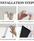Installation steps for No Drill Adhesive Blackout Curtain Panel For Bedroom And Living Room, showing cleaning, tape removal, pasting, and sticking.