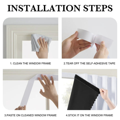 Installation steps for No Drill Adhesive Blackout Curtain Panel For Bedroom And Living Room, showing cleaning, tape removal, pasting, and sticking.