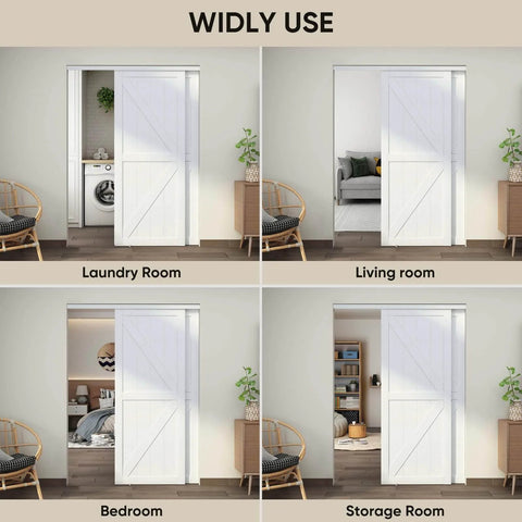 Double 72 Inch By 80 Inch K Style Sliding Closet Door With Hardware Kit And Matching Fascia shown in various room settings