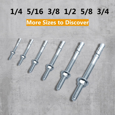 1/2 x 4-1/2 Inch Wedge Anchor Bolts, 50-Piece Zinc-Plated Concrete Anchors For Cement And Concrete displayed in various sizes.