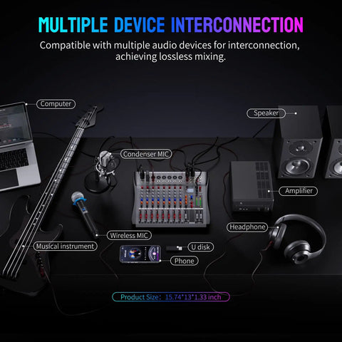 Eight Channel DJ Mixer With Bluetooth And USB Interface for Pro Sound DSP and effects shown with interconnected devices.