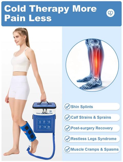 Woman using Portable Leg Cold Therapy System For Calf And Shin Recovery After Surgery With 16 Quart Capacity Circulating Ice Water