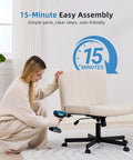 Woman assembling Criss Cross Desk Chair With Wheels, Wide Cross Legged Comfort for Home Office or Vanity in beige fabric.