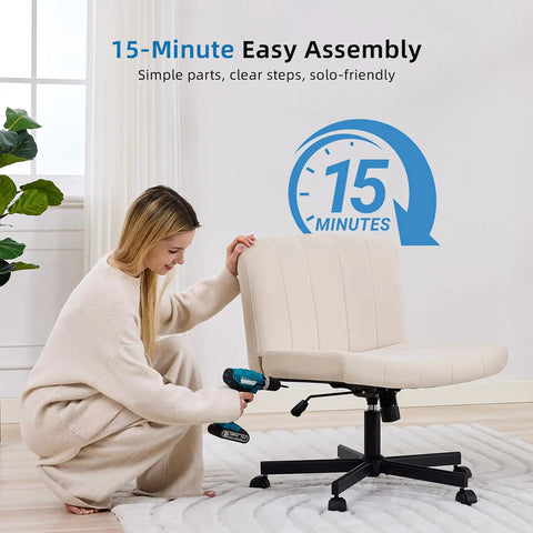 Woman assembling Criss Cross Desk Chair With Wheels, Wide Cross Legged Comfort for Home Office or Vanity in beige fabric.