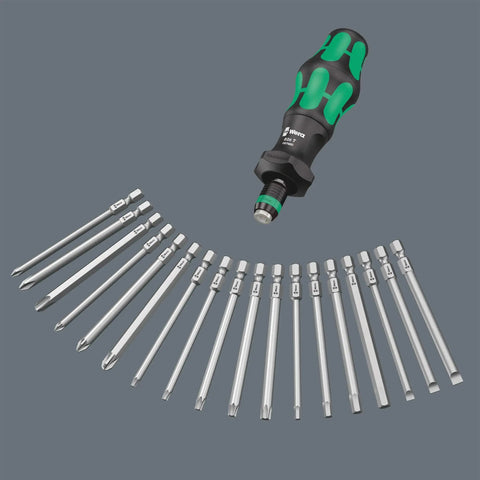 Kraftform Kompakt Turbo 19-Piece Screwdriver Set With Mechanical Turbo Boost, handle and eighteen assorted hex bits displayed on a surface.