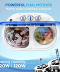 Compact Electric Washer And Dryer Combo Featuring Separate Wash And Spin Bins, No Sweat Gravity Drain, Easy As Pie Timer Controls, Quick Fresh Clean Gear, Perfect Spot For Rv Setups, College Dorms, And Small Apartments, showing dual motors and timer controls.