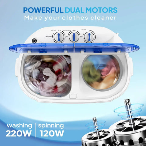 Compact Electric Washer And Dryer Combo Featuring Separate Wash And Spin Bins, No Sweat Gravity Drain, Easy As Pie Timer Controls, Quick Fresh Clean Gear, Perfect Spot For Rv Setups, College Dorms, And Small Apartments, showing dual motors and timer controls.