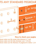 Diagram showing compatibility of Pegboard Hooks And Accessories Kit For 1/8 Inch And 1/4 Inch Pegboards with spacing and thickness details.