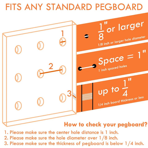 Diagram showing how the Sixteen Piece Pegboard Hook Set That Fits One Eighth And One Quarter Inch Boards With A Two Prong Grab Design fits standard pegboards.