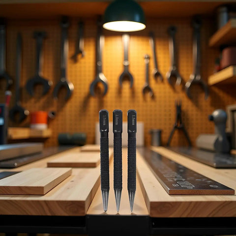 No Nonsense Center Punch Set With Rock Solid High Carbon Steel Build, three sizes displayed on a workbench.