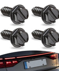 Badass Rustproof 304 Stainless Steel License Plate Screws, Heavy Duty Shock Resistant Bolt Set, Universal Car Truck Van Mounting Hardware, Black Finish, Gearhead Approved - close up of four black screws.