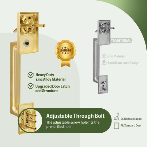 Built Tough Satin Brass Front Door Handle Set with Keys, heavy duty zinc alloy, weather resistant, single cylinder deadbolt