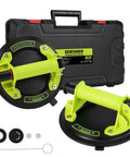 DEWINNER 8-inch glass suction cups, two-pack with carry case; neon-green vacuum lifter for windshields and tiles.
